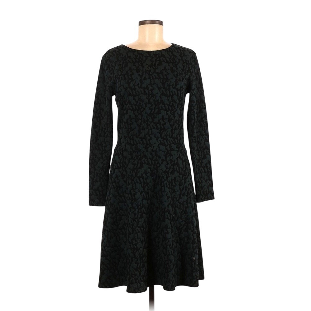 H&M Green Black Textured Animal Print Long Sleeve Fit & Flare Dress XS 02502360